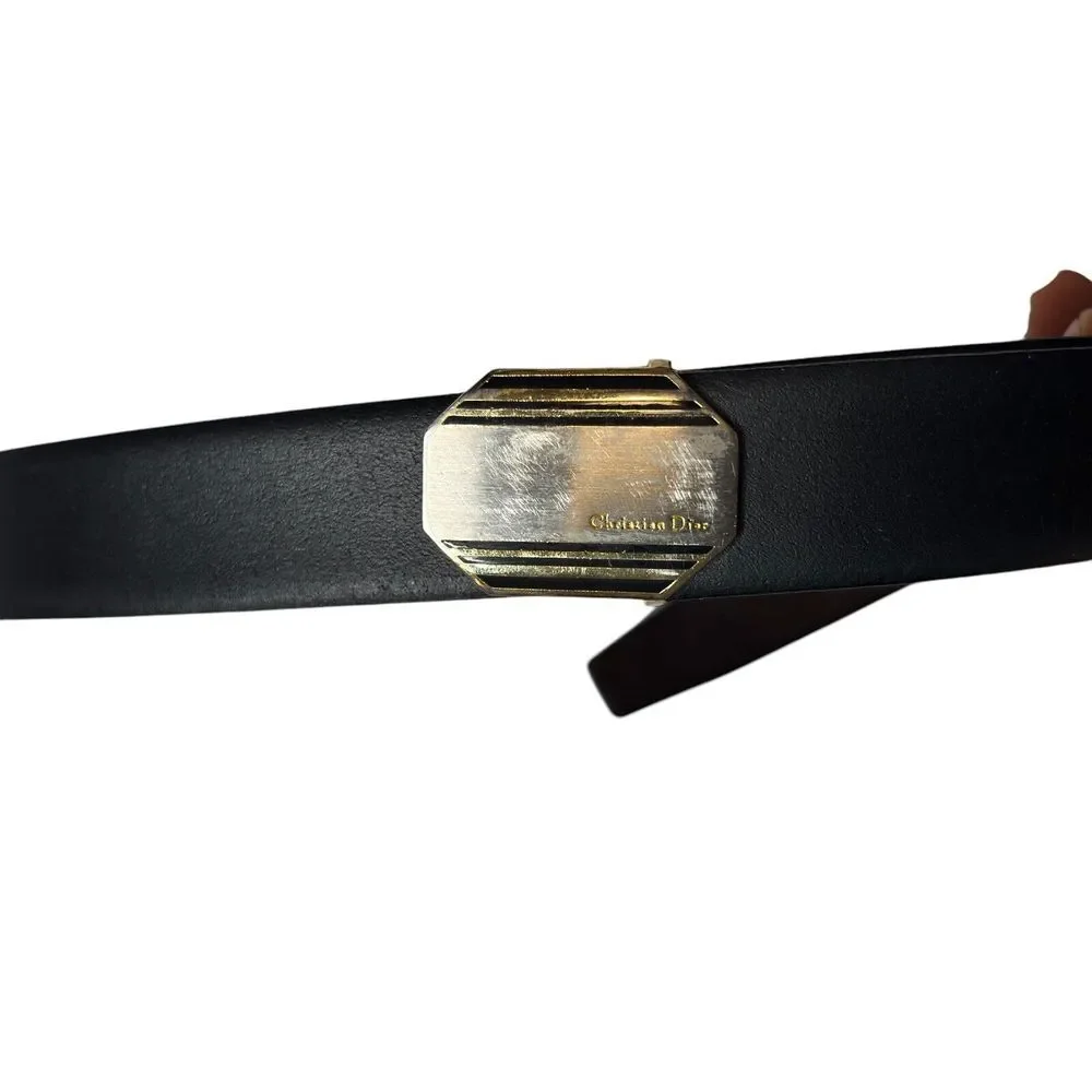 Dior Black Leather Belt with Gold Octagonal Buckle